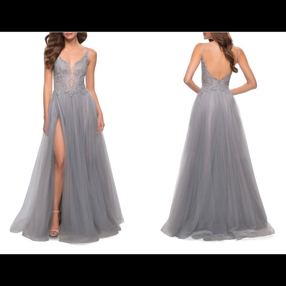 La Femme - Floral Embroidered Illusion Plunge Tulle Ballgown